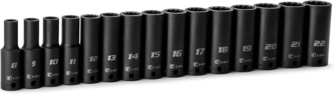 Capri Tools 3/8 in. Drive Deep Impact Socket Set, 12-Point, Metric, 8 to 22 mm, 15-Piece