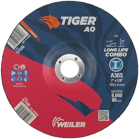 Weiler 57105 7" x 1/8" Tiger Type 27 Cut and Grind Combo Wheel, A30S, 7/8" A.H. (Pack of 25)