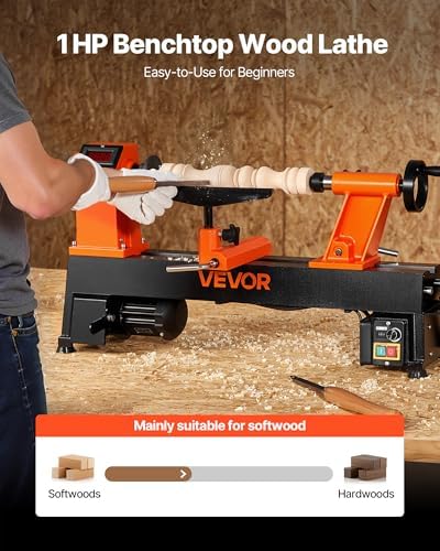 VEVOR Woodworking Lathe, 1 HP, Benchtop Wood Lathe Machine with 150 to 3800 RPM Variable Speed, 12 x 18" Workbench,Brushless DC Motor, Cast Iron Construction,for Beginners DIY Enthusiasts Woodworking