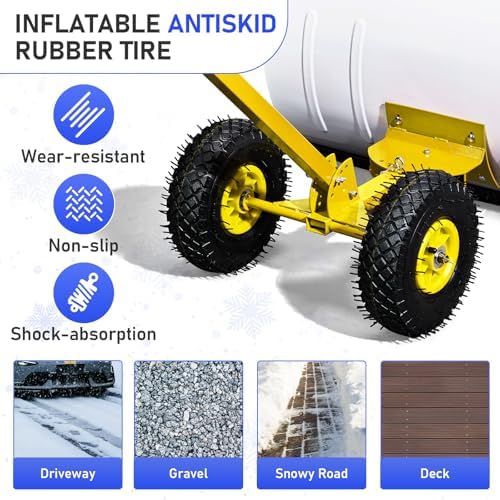 VINGLI Snow Pusher Shovel with Wheels, 29" Adjustable Ergonomic T-Handle Snow Plow for Driveway, Heavy Duty Wheeled Rolling Shovels for Snow Removal, Angle Adjustable (White & Yellow) (29"x18")