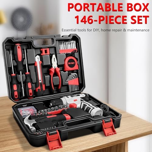 JENABOM Tool Set, 146-Piece Home Tool Kit with 8V Cordless Drill