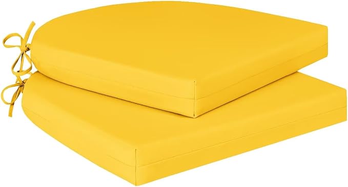 Cozyide Outdoor Chair Cushions, Waterproof Patio Seat Cushions with Adjustable Straps, Round Corner Patio Chair Cushions for Garden, Yellow, 17x16x2 Inch (Pack of 2)