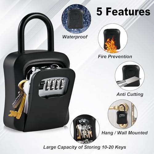 L Large Key Lock Box, 4.5”x3.7”x1.5” Waterproof Kirsite | Combination Lockbox for Keys Outdoor, Portable Key Lock Box Wall Mount with Code (L Size, Black)