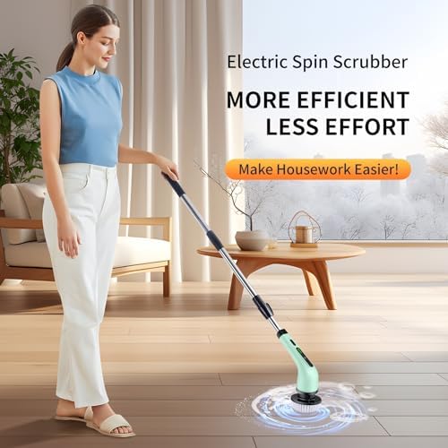 Electric Spin Scrubber, Cordless Electric Scrubber for Cleaning Bathroom,Power Shower Scrubber with Long Handle,Electric Cleaning Brush with 9 Brush Heads for Bathroom,Tub,Floor,Kitchen,Window,Car