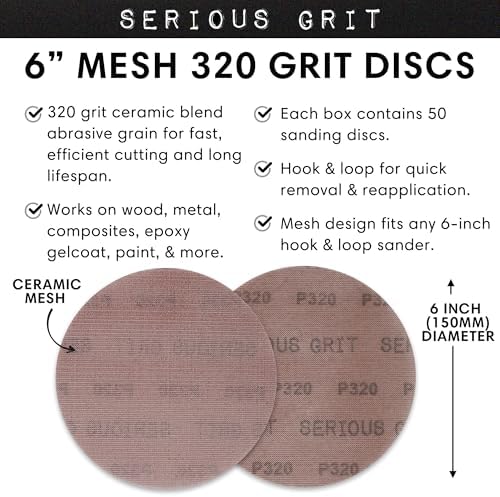 Serious Grit - 6-Inch P320 Grit Ceramic Mesh Sanding Discs - 50 Pack