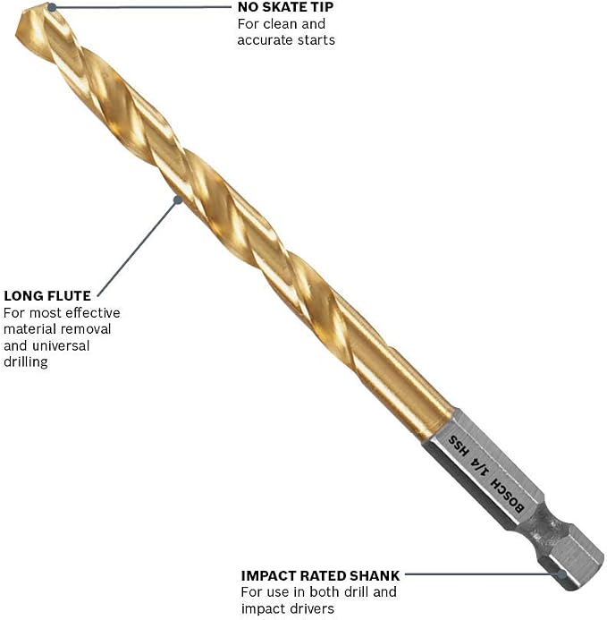 BOSCH TI2151IM 1-Piece 3/8 in. x 5 in. Titanium Nitride Coated Metal Drill Bit Impact Toughwith Impact-Rated Hex Shank for Applications in Heavy-Gauge Carbon Steels, Light Gauge Metal, Hardwood