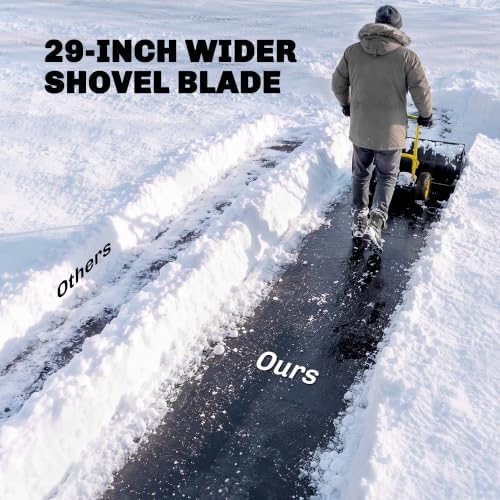 Outsunny Snow Shovel with Wheels, 29" x 18" Metal Snow Pusher, Yellow
