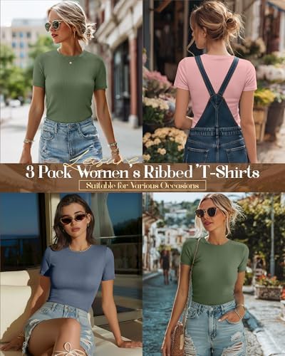 Ficerd 3 Pack Women's Ribbed Short Sleeve T-Shirts