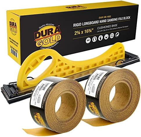 Dura-Gold Pro Series Longboard Hand Sanding File Sander Block - Hook & Loop Backing and PSA Backing Adapter Pad & 80 and 220 Grit PSA Longboard Sandpaper 20 Yard Roll, 2-3/4" Wide