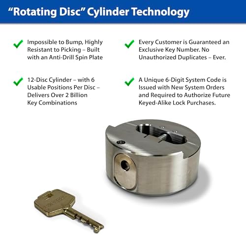 PACLOCK's 8-Series Stepped-Back Puck, High Security Rotating Disc, Manufacturer-Controlled Key Assigning, Exclusive Key Number, U-Pick! Keyed Alike w/ 1 Key, Black