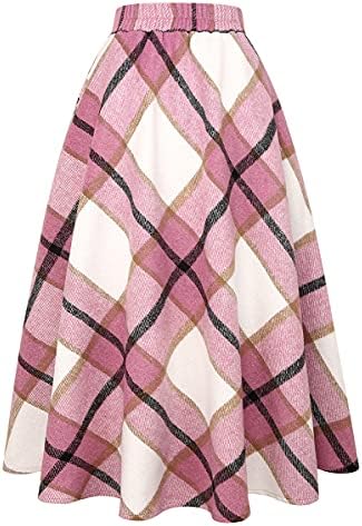IDEALSANXUN Womens Plaid Wool Skirts Elastic Waist A-Line Pleated Tartan Long Skirts