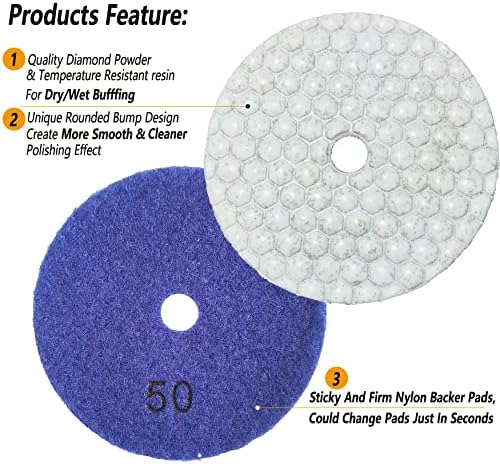 16 Packs Dry Diamond Polishing Pads Grit 50, 4 Inch Dry/Wet Granite Sanding Pad for Bufffing Marble Quartz Concrete Stone Tiles Used for Grinder Polisher Drill