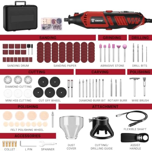 DEKOPRO Rotary Tool Kit, 1.5-Amp Corded Power Rotary Tools with 42" Flex Shaft, 6 Variable Speed, 8,000-35,000 RPM, 129 Pcs Accessories Kit for Cutting, Sanding, Grinding, Carving & DIY Projects Red