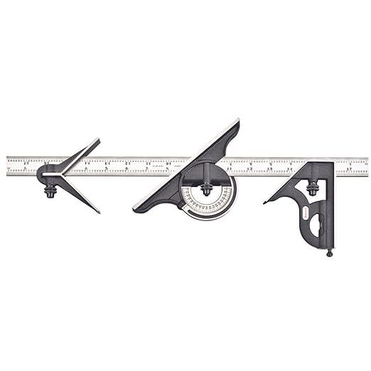 Starrett Combination Set with Square, Center and Reversible Protractor Head and Blade - 18" Blade Length, Cast Iron Heads, Hardened Steel, 4R Graduation Type - 435-18-4R