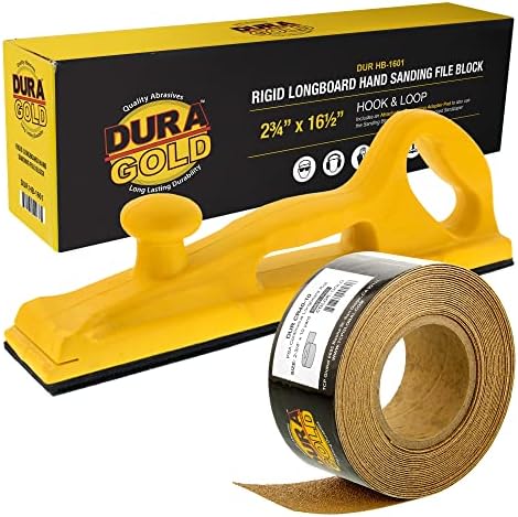 Dura-Gold Pro Series Rigid Longboard Hand Sanding File Block with Both Hook & Loop Backing and PSA Backing Adapter Pad & 40 Grit PSA Longboard Sandpaper 20 Yard Roll, 2-3/4" Wide
