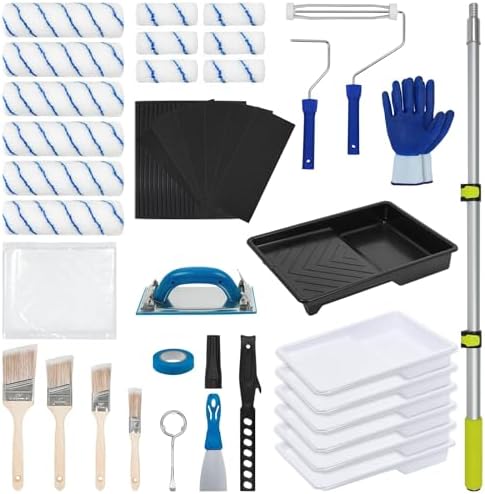 54 PCS Paint Roller Kit with Extension Pole, All-in-One Painting Supplies & Repair Set for Home DIY - Includes 4” & 9” Rollers, Brushes, Hand Sander, Drop Cloth for Walls, Ceilings, Wood Furniture