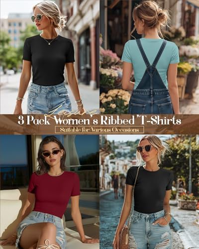 Ficerd 3 Pack Women's Ribbed Short Sleeve T-Shirts