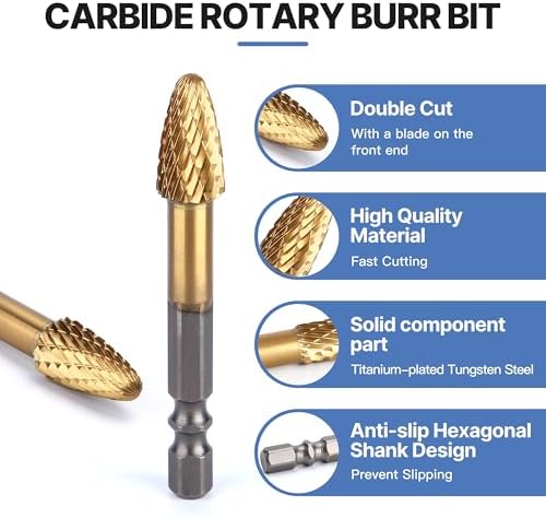 HUHAO Tungsten Carbide Rotary Burr Bit, Double Cut Carbide Burr 1/4" Shank Die Grinder Cutting Burrs Bit for Metal Working & Sturdy