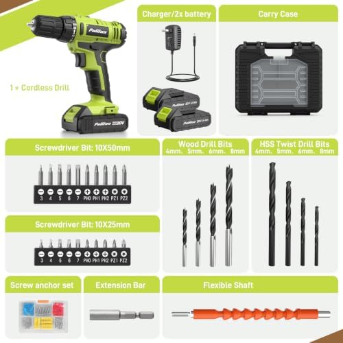 PULITUO 20V Cordless Drill Set, 2 Batteries Electric Screwdriver, 30Nm Power Drill Driver, 21+1 Torque, 2 Speed, 3/8"Keyless Chuck, power Drill with LED Light, Drill Driver Kit for Home (Green)