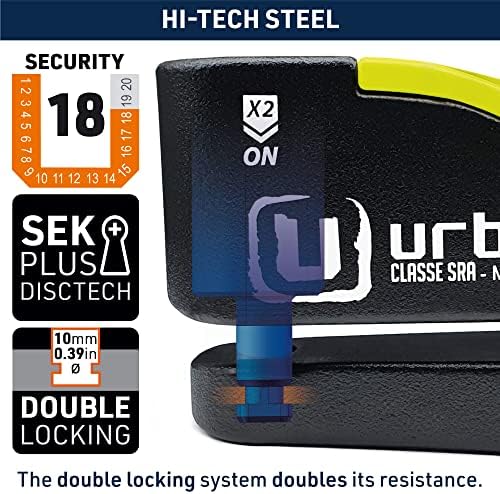 URBAN UR10 Approved Motorcycle Disc Lock with Smart Alarm | 120dB, LED, Warning, A+ Sensitivity, X2 ON | SRA & Sold Secure Gold Tested Anti-Theft for Motorbike | 10mm Double Locking, Hardened Steel