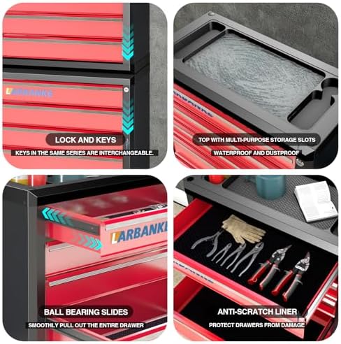 LARBANKE 5 Drawer Rolling Tool Chest with Wheels,Lockable Tool Cabinet,Red