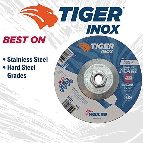 Weiler 58113 6 Inch Cutting Wheel, Tiger INOX Stainless Steel Contaminant-Free High Performance Cutting, .045" INOX60S Type 27 5/8"-11 Hub, Pack of 10