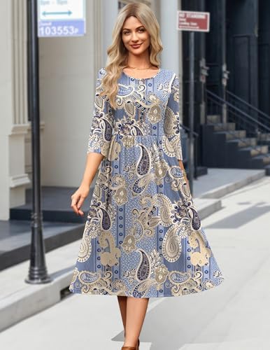 Zeagoo 3/4 Sleeve Women's Dress Casual Aline Summer Fall Midi Long Dresses