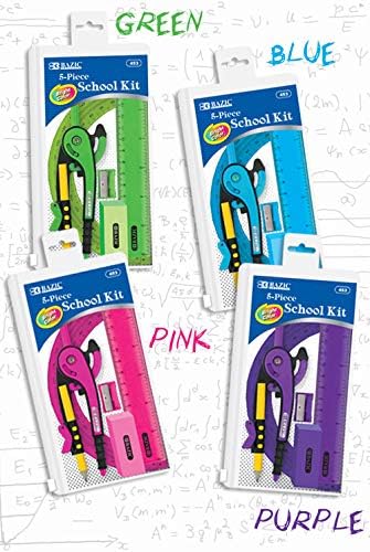 BAZIC Products 5-Piece Geometry Math Set with Zipper Pouch, Ruler Protractor Compass, for Geometry Math School, Box of 24