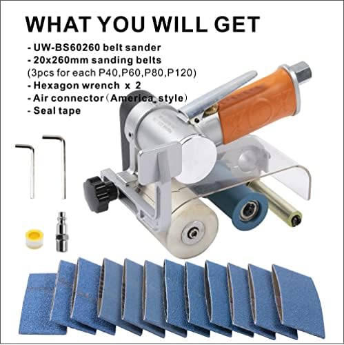 Air Belt Sander 2-3/8" x 10-1/4" Belt Size Pneumatic Tool with 12pc Belts (#40, #60, #80 & #120), Good for Deburring, Sanding and Finishing (2-3/8" x 10-1/4" Sander)