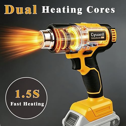 Cordless Heat Gun for Dewalt 20V Battery, 350W Fast Heating Hot Air Gun, LCD Display 2 Temp 120℉-1110℉, 3 Nozzles Portable Gun for Shrink Tubing, Paint Removal, Soldering DIY, Tool Only