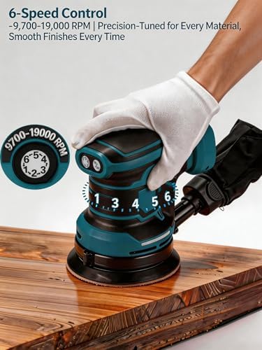 5" Cordless Random Orbital Sander Compatible with Ma-kita 18V Battery(Tool Only),Brushless Orbit Sander|300W Brushless Motor,19000 RPM, 6-Speed Sanders for Woodworking, Dust Collector&20 Discs