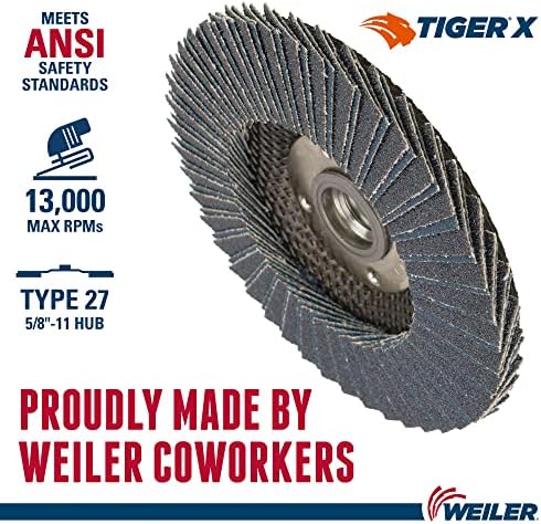 Weiler 51226 Tiger X Flap Disc, Ceramic and Zirconia Alumina, Flat, Phenolic Backing, 40 Grit, 4-1/2", 5/8-11" Arbor Hole (Pack of 10)