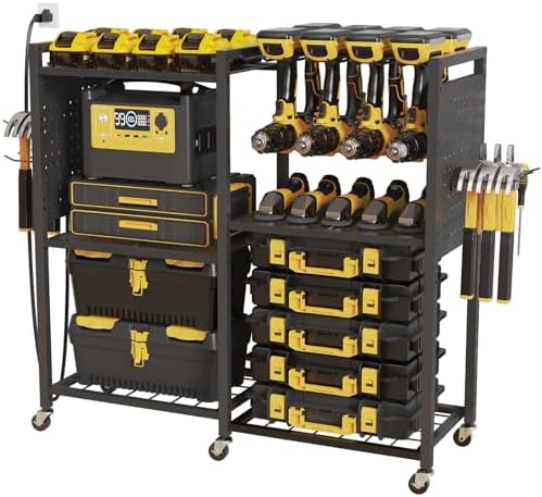 6-Tier Large Power Tool Organizer Cart with Charging Station, Heavy-Duty Garage Rolling Tool Cart with 6 Wheels, 8 Hooks & Adjustable Shelves, Holds 700LBS+