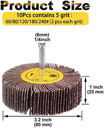 Rocaris 1/4" Abrasive Flap Wheel Sander Set, 80 Grit Aluminum Oxide Flap Wheels Cylindrical Shape Sanding Wheel, 8 Sizes (10)