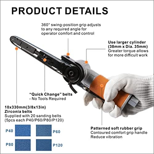 Air Belt Sander 3/8" x 13" Belt Size Pneumatic Tool with 12pc Belts (#40, #60, #80 & #120), Good for Deburring, Sanding and Finishing (3/8" x 13" Sander)