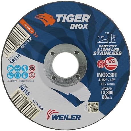 Weiler 58115 4-1/2" x 1/8" Tiger INOX Type 27 Cut and Grind Combo Wheel, INOX30T, 7/8" A.H. (Pack of 25)