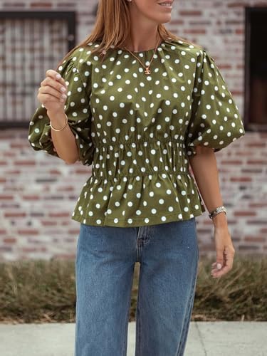 Cicy Bell Women Polka Dot Peplum Blouse Round Neck Puff Sleeve Summer Top