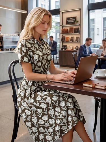 Newshows Women's Work Business Casual Outfits Tie Waist Midi Shirt Dress
