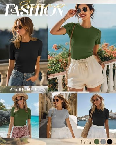 Ficerd 3 Pack Women's Ribbed Short Sleeve T-Shirts