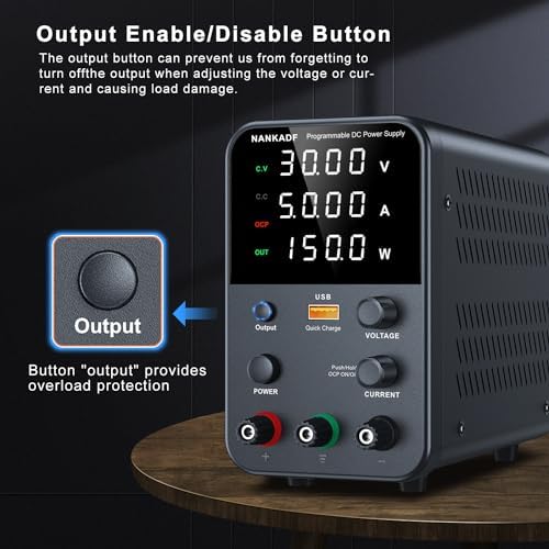 DC Power Supply Variable, Bench Power Supply with Encoder Adjustment Knob, Output Enable/Disable Button, Adjustable Power Supplies with USB Quick-Charge, Short Circuit Alam (30V 5A Black)
