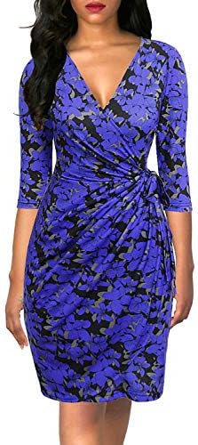 Berydress Women's 3/4 Sleeve V Neck Casual Party Work Faux Black Wrap Dress