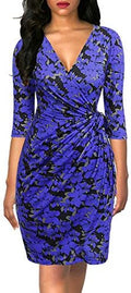 Berydress Women's 3/4 Sleeve V Neck Casual Party Work Faux Black Wrap Dress