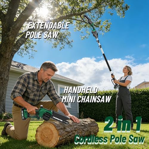 2-in-1 Pole Saws for Tree Trimming, Mini Chainsaw Cordless 6 Inch with 15 FT Max Reach, Electric Pole Saw with 2*21V Battery, Auto-Oil Brushless Branch Cutter for Tree Trimmer Pole Saw Green
