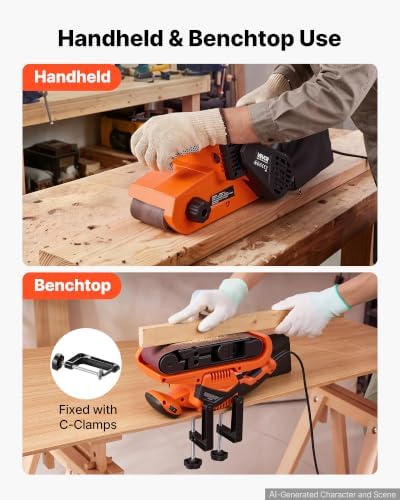 VEVOR 7A Belt Sander 3" x 21" Woodworking Belt Sander 6 Speeds 630-1200 FPM, 2-in-1 Handheld & Benchtop Sanding Machine with 2 Dust Bags, 10PCS Sanding Belts & 2 Clamps for Woodworking Projects