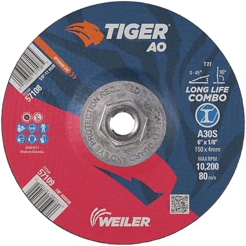 Weiler 57108 6" x 1/8" Tiger AO Type 27 Cut Off/Grind Combo Wheel, A30S, 5/8"-11 Nut (Pack of 10)