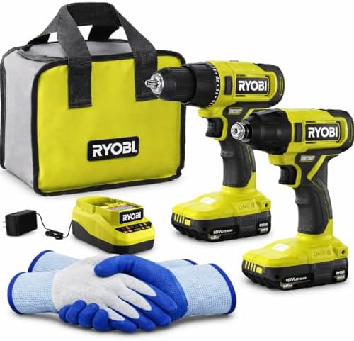 RYOBI Drill Impact Driver Combo Kit 18V ONE+ Cordless 2-Tool Set with Batteries Charger Tool Bag + Gloves