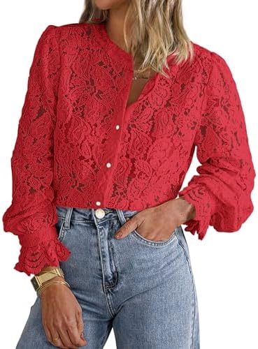 PRETTYGARDEN Women's Fall Trendy Long Sleeve Lace Tops
