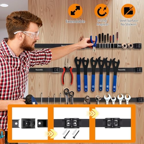 12" Magnetic Tool Holder Strip, 4 Pieces Black Metal Tool Organizer Rack with Stainless Steel Surface, Magnet Bar for Garage Workshop, Easy To Install with Mounting Screws