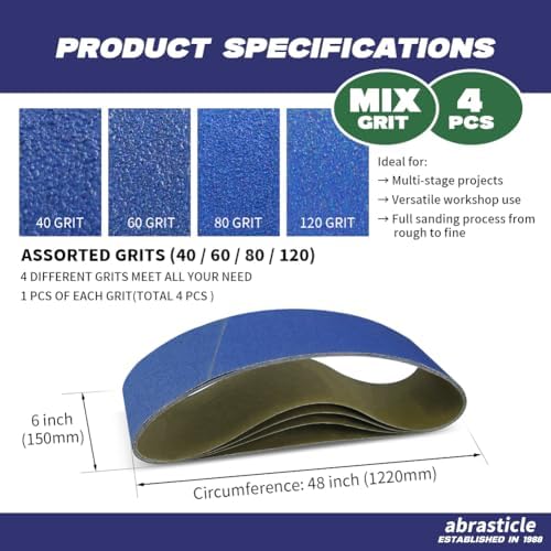 4 Pack 6 x 48 Inch Zirconia Sanding Belts, Assorted Grits (40/60/80/120) Heavy Duty Belt Sander Paper, Fits Belt Sander & Bench Sander for Woodworking and Metal Grinding