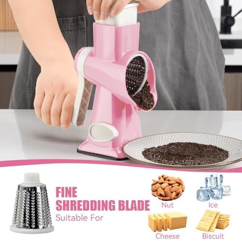KEOUKE Rotary Cheese Grater Hand Crank Pink - Shredder Slicer Grinder 3 Stainless Steel Blades, Stable Suction, Labor-Saving Handle, Safe Kitchen Tool for Cheese, Vegetable, Nuts, Chocolate